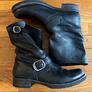 Frye Black Leather Buckle Boots